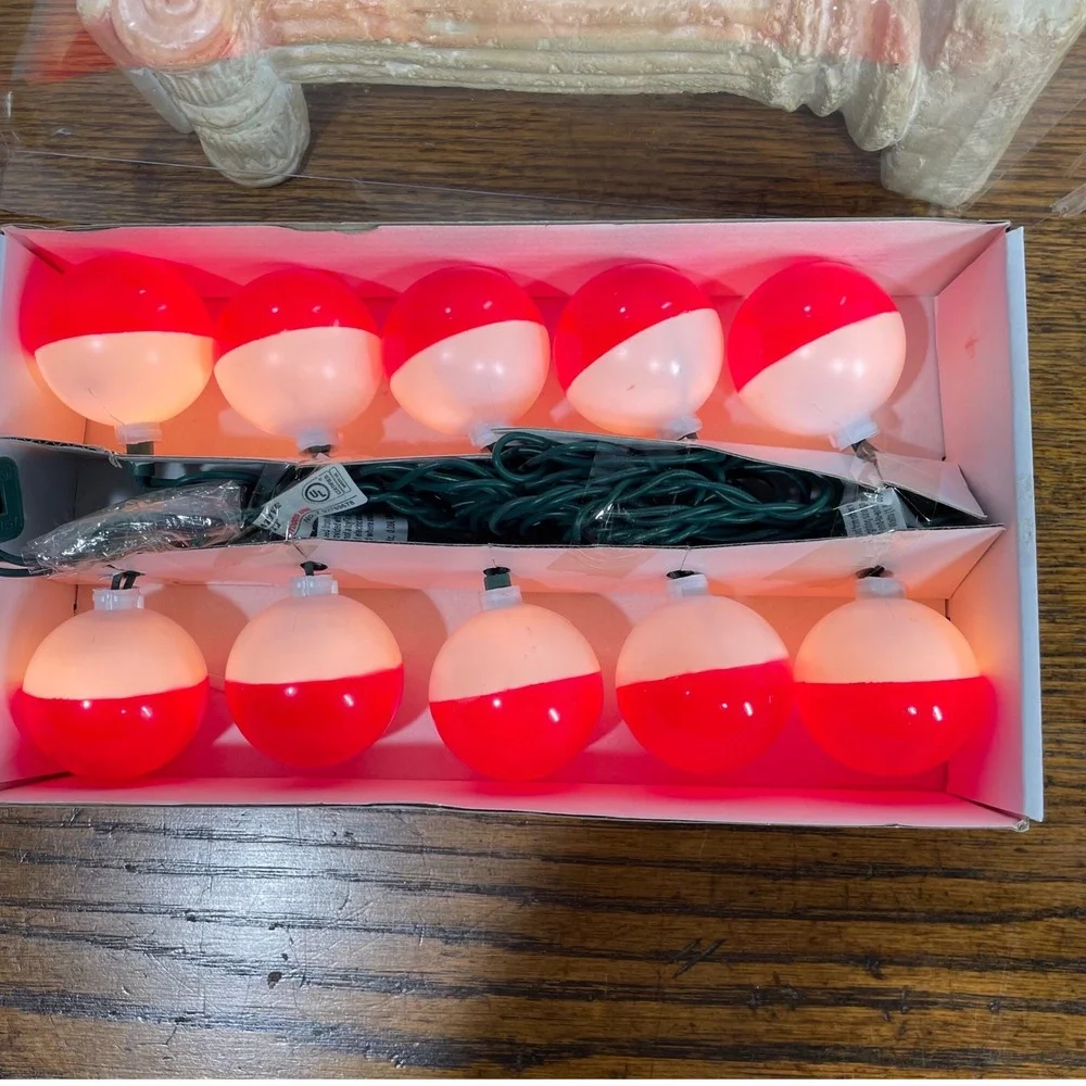 Fishing Bobber String Lights 10 Count Red White Novelty Decor Cabin Man Cave